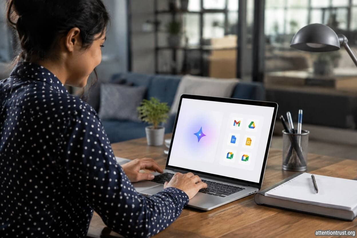 Woman using Gemini AI features in Google Workspace on a laptop in a modern home office.