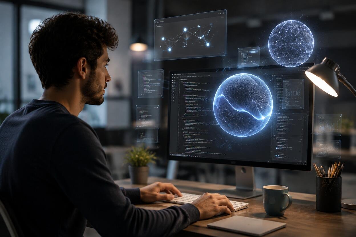 Developer exploring Google Antigravity concept with futuristic AI technology visuals on a computer monitor.