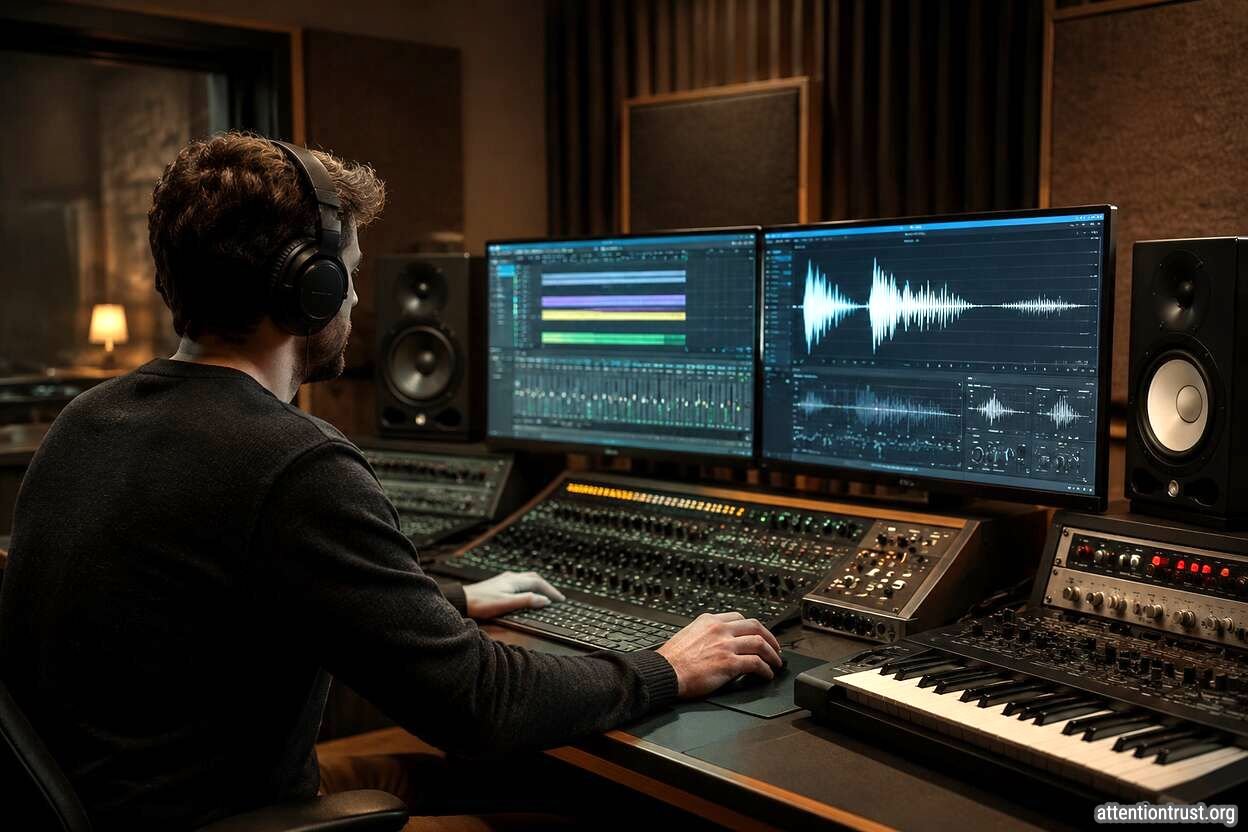 Professional music producer creating audio in a modern recording studio with digital sound editing screens and mixing equipment.