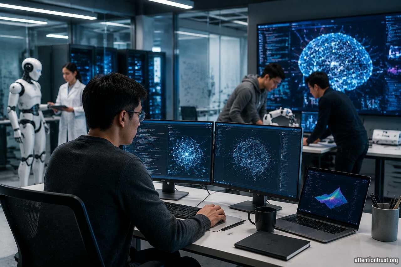Researchers working with artificial intelligence tools in a modern AI laboratory featuring advanced computers, neural network displays, and robotics technology.