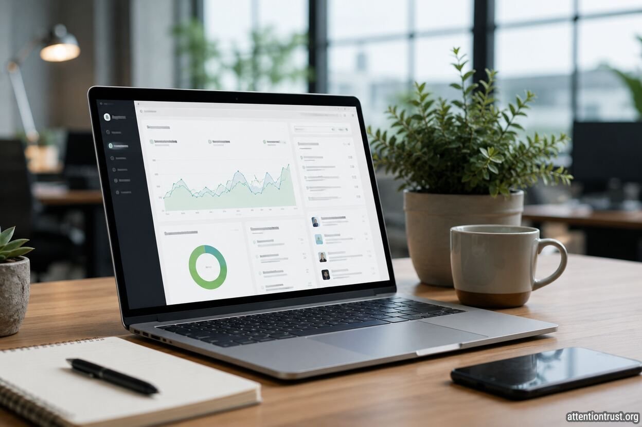 Laptop displaying an email marketing analytics dashboard on a modern office desk with a notebook, smartphone, coffee mug, and indoor plants, representing Klaviyo marketing automation.