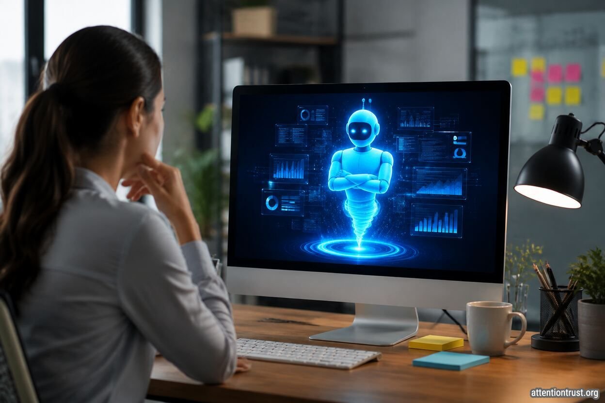 AI-powered Project Genie concept displayed on a computer screen in a modern office workspace.