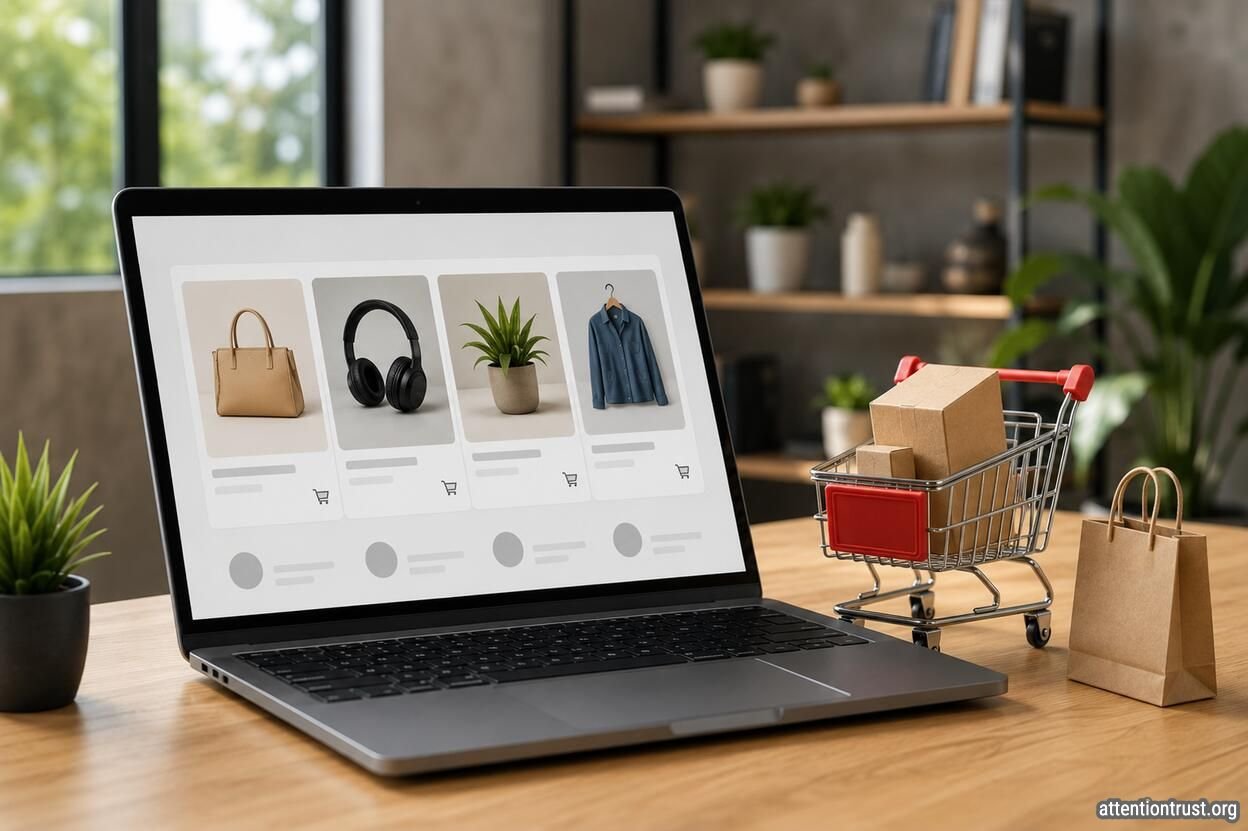 Modern eCommerce workspace featuring a laptop with AI-powered product recommendations, a miniature shopping cart with packages, and shopping bags on a wooden desk, representing Rebuy personalization.
