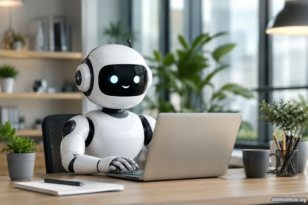 A friendly AI assistant robot works at a laptop in a modern office with plants, a notebook, and coffee mug, representing Shopify Sidekick for eCommerce store management.