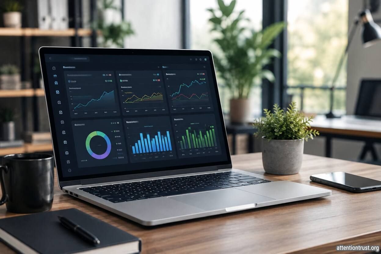 Modern workspace with a laptop displaying an eCommerce analytics dashboard, surrounded by a notebook, smartphone, coffee mug, and indoor plant, representing Triple Whale marketing analytics