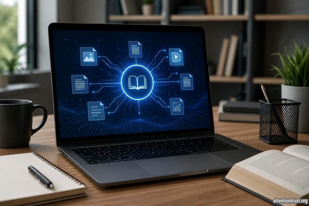 Gemini Notebook AI research workspace connecting documents, notes, images, videos, and data on a laptop.