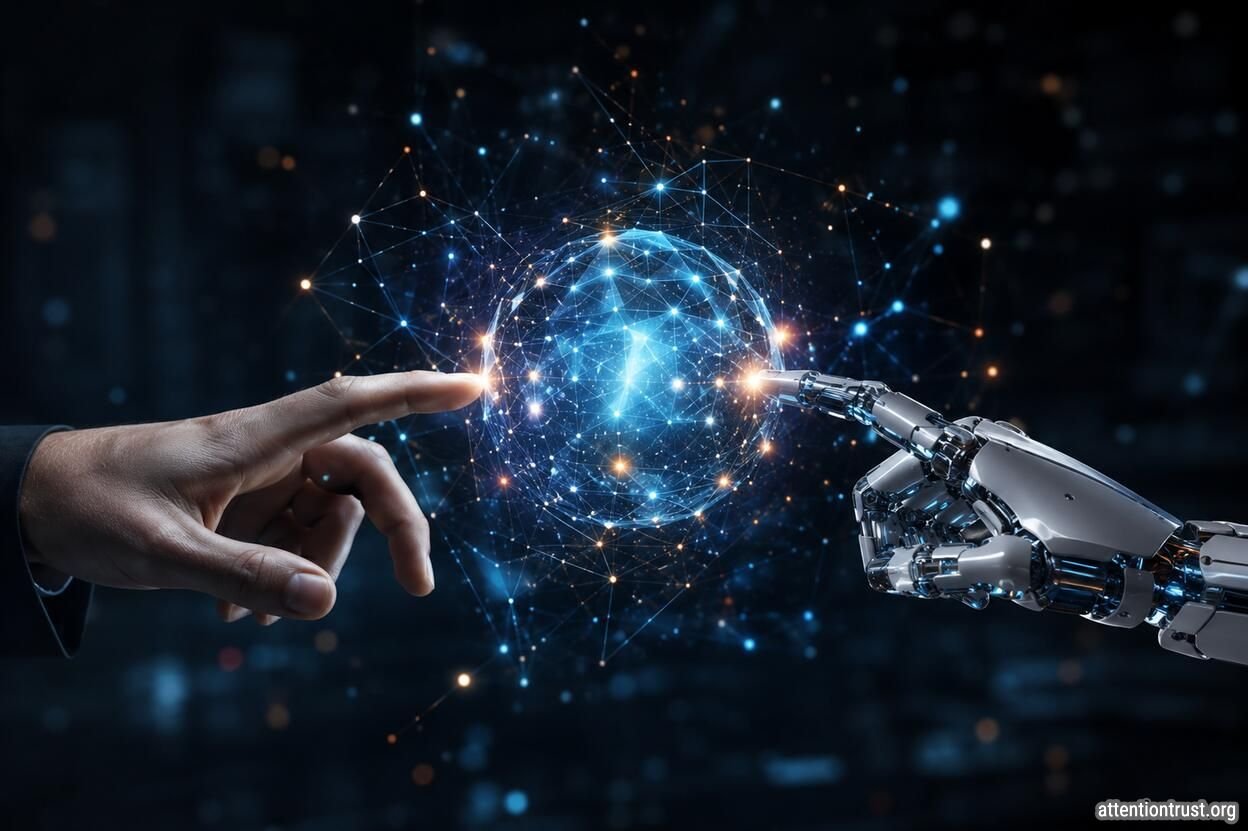 Google Gemini AI concept with human and robotic hands connecting through a digital network.