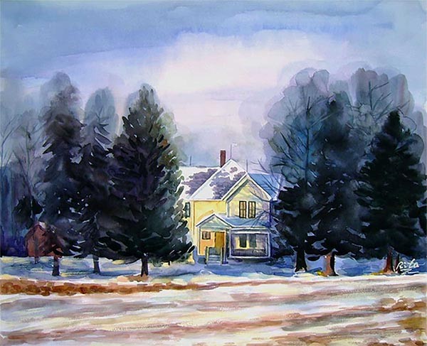 A lovely watercolor of a house showcasing our skill at turning photos to paintings.