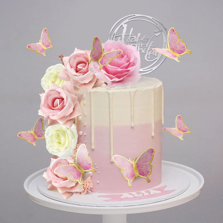 Simple birthday cake with flowers and butterflies