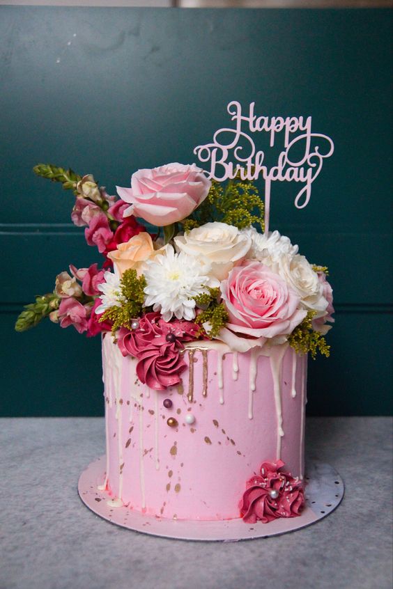 happy birthday cake and flowers
