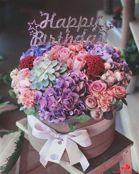 happy birthday flowers and cake