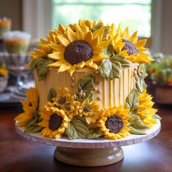 yellow birthday cake with small sunflowers