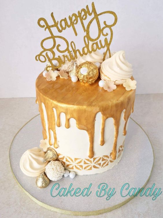 gold and white birthday cake for a man
