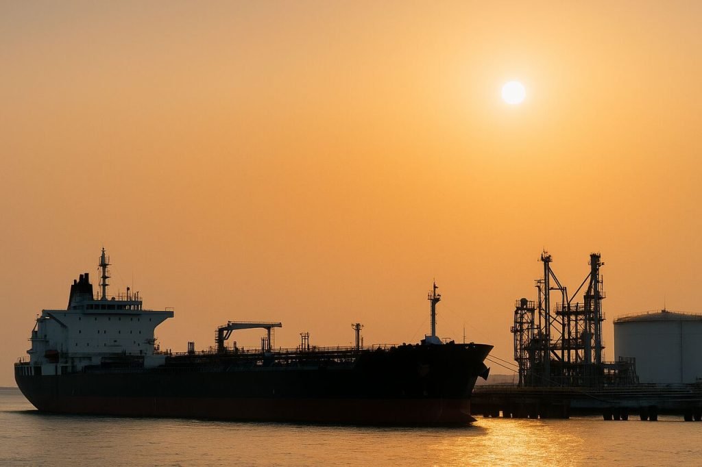 Oil tanker at sunset in industrial port representing Saudi-Russian fuel oil trade.