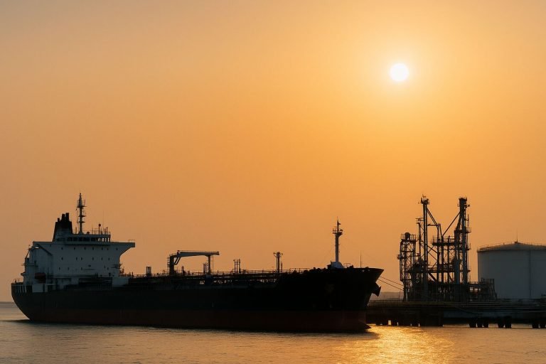 Why Saudi Arabia Tops the List of Russian Fuel Oil Buyers Amid Soaring Summer Demand and U.S. Tariff Threats Oil tanker at sunset in industrial port representing Saudi-Russian fuel oil trade.