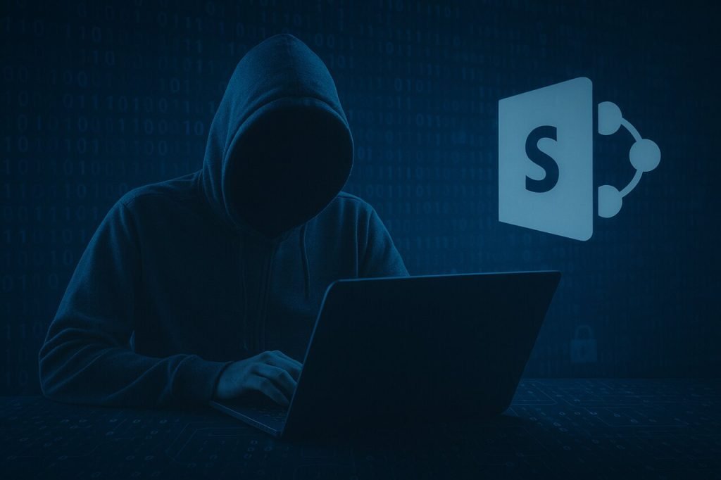 Hooded hacker breaching Microsoft SharePoint with digital threats.