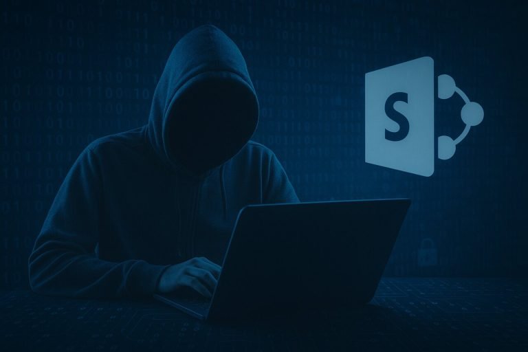 Chinese Hackers Breach Microsoft SharePoint Servers: Global Businesses at Risk Hooded hacker breaching Microsoft SharePoint with digital threats.