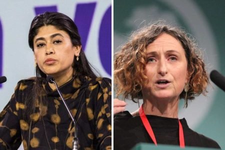 Two EU lawmakers speaking at separate podiums during official events.