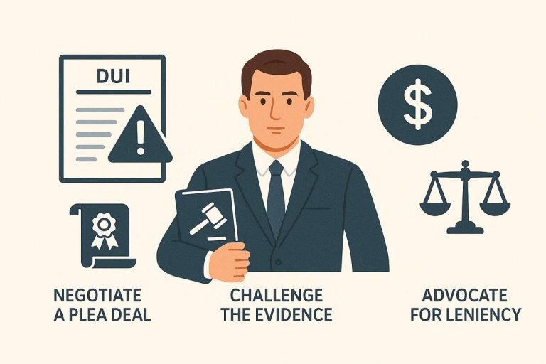How a DUI Lawyer Can Help Reduce Charges or Penalties DUI lawyer holding legal book with icons representing legal strategies to reduce DUI penalties