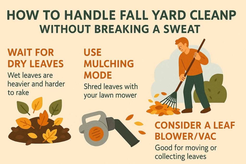 Landscape infographic showing effortless fall yard cleanup tips with tools and illustrations.