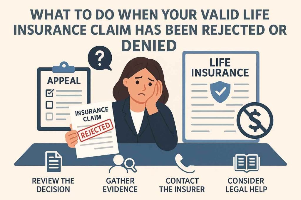 Woman holding rejected insurance claim document with steps to respond visually represented.