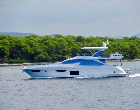 Modern white and blue mini yacht cruising on water near a forested shoreline.