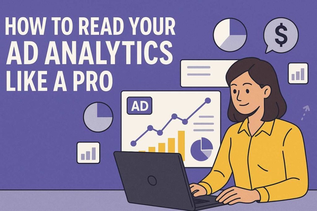 Woman reviewing ad analytics data on laptop with graphs and charts.