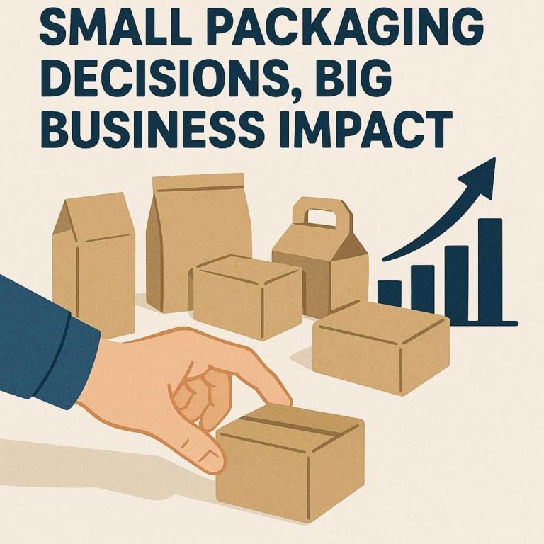 Small Packaging Decisions, Big Business Impact Hand choosing a small box among eco-friendly packaging with growth chart in background.