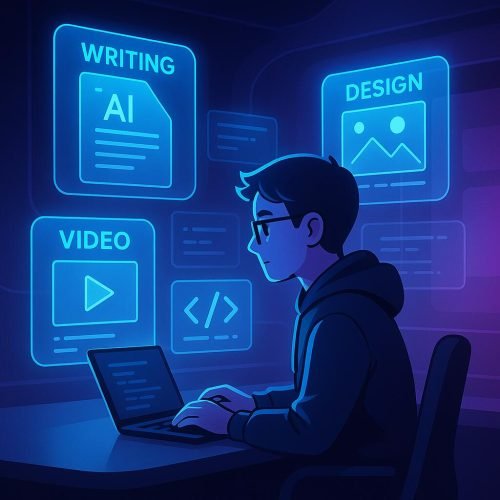 A person in a hoodie sits at a laptop surrounded by glowing blue icons for AI writing, design, video editing, and coding.