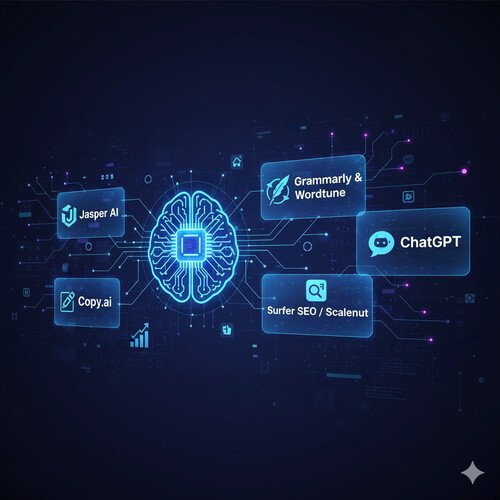 Illustration of an AI-powered brain chip connected to tools like Jasper AI, Copy.ai, Grammarly & Wordtune, ChatGPT, and Surfer SEO / Scalenut.