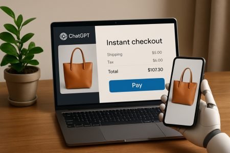 AI-powered instant checkout on laptop and smartphone with robotic hand.