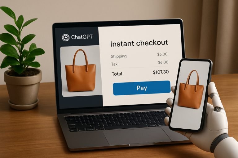 ChatGPT Launches Instant Checkout with Agentic Commerce Protocol, Ushering in AI-Powered Shopping AI-powered instant checkout on laptop and smartphone with robotic hand.