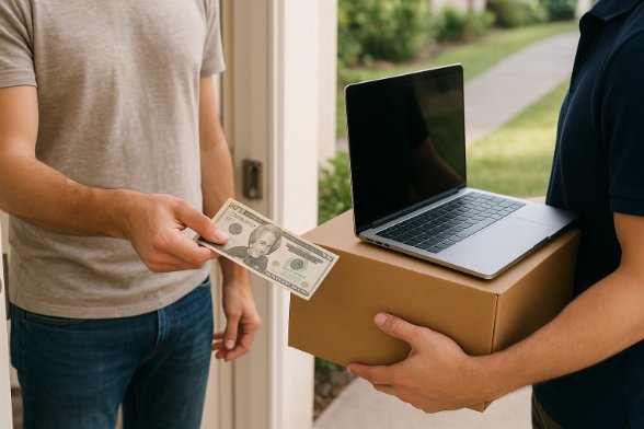 Customer handing cash to delivery driver with a laptop box