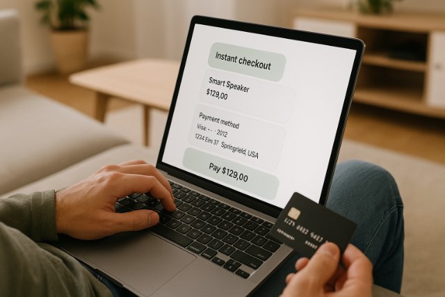 User completing instant checkout on laptop with credit card