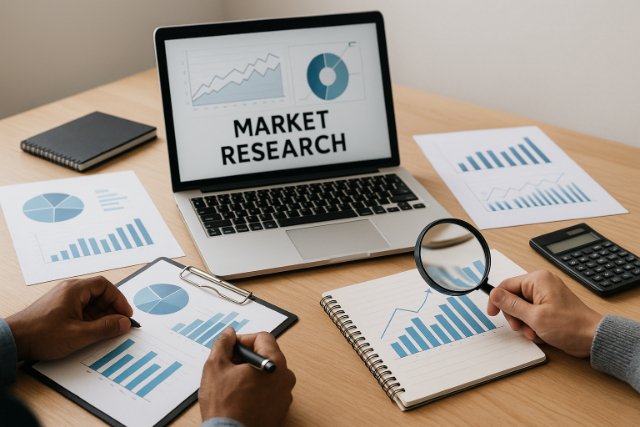 Team analyzing market research data and competitive charts on a desk.