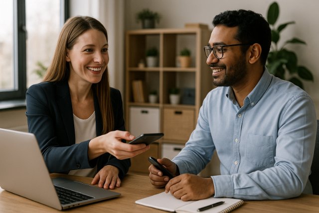 Business professionals exchanging smartphones in a modern office for personalized customer engagement.