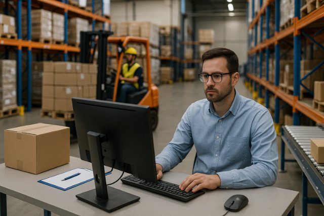 Warehouse manager analyzing supply chain data on a computer.