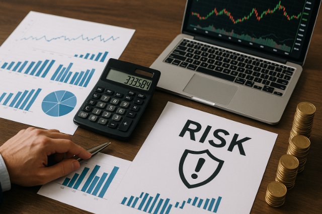 Financial risk management setup with charts and calculator.