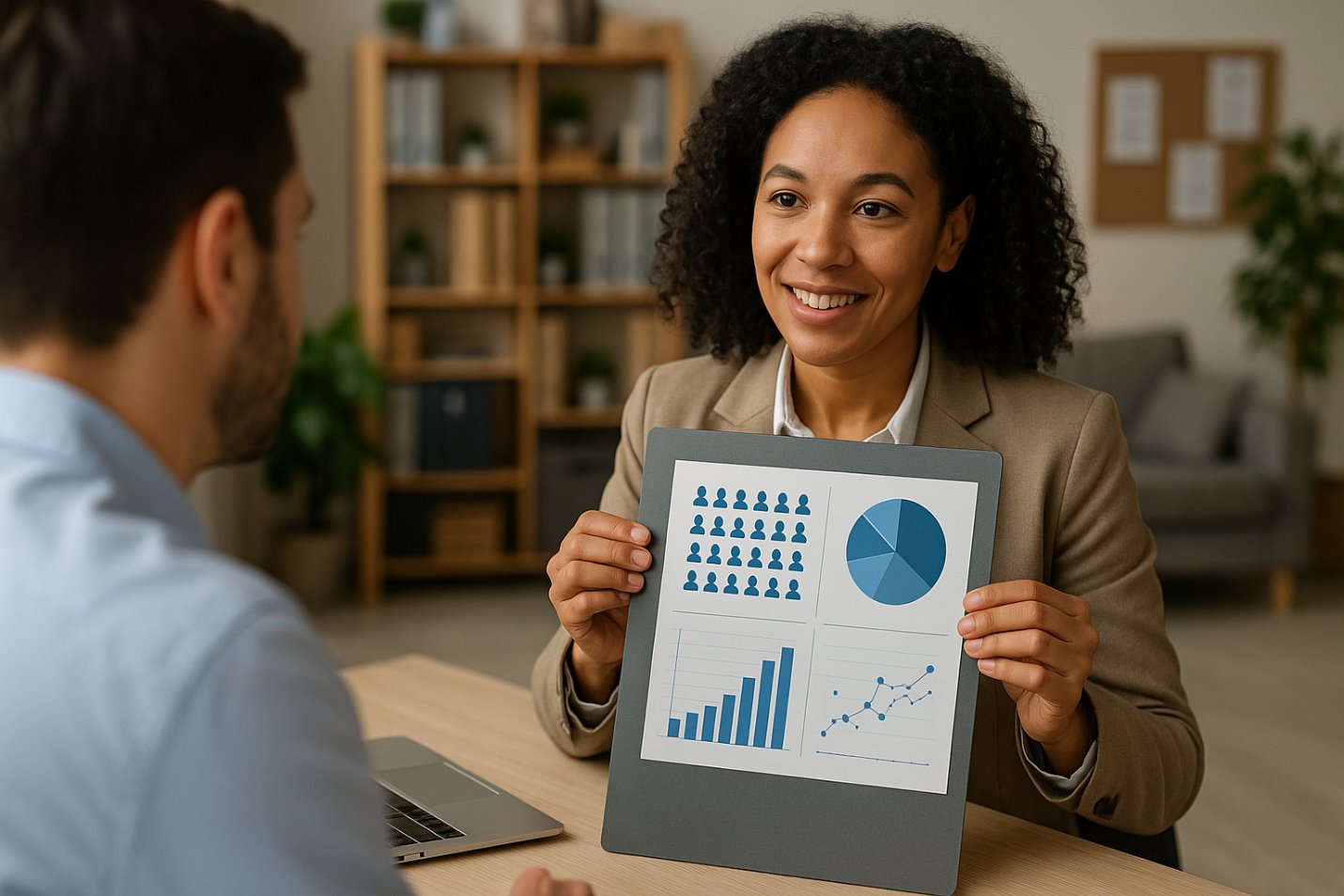 Woman showing talent analytics charts in a workplace meeting.