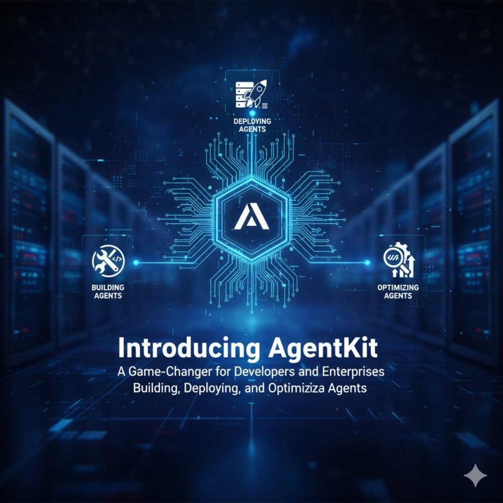 An image showing a futuristic, digital network with a central hexagonal logo surrounded by icons representing "Building Agents," "Deploying Agents," and "Optimizing Agents." The image includes a glowing blue circuit board background, emphasizing technology and innovation, with the title "Introducing AgentKit" at the bottom.