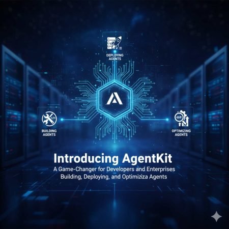 An image showing a futuristic, digital network with a central hexagonal logo surrounded by icons representing "Building Agents," "Deploying Agents," and "Optimizing Agents." The image includes a glowing blue circuit board background, emphasizing technology and innovation, with the title "Introducing AgentKit" at the bottom.