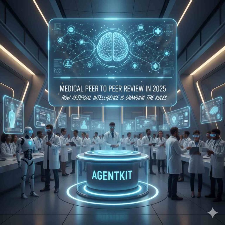 Medical Peer to Peer Review in 2025: How Artificial Intelligence Is Changing the Rules A futuristic medical research room with doctors and a robot surrounded by holographic displays and data streams, showcasing AI's role in peer-to-peer medical review in 2025.
