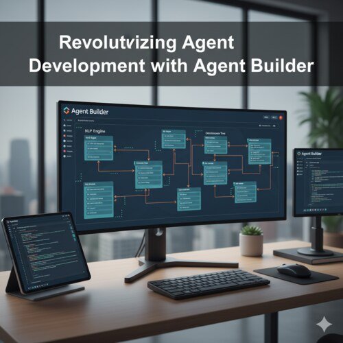 : A modern workspace showcasing a desktop computer and a tablet with a detailed flowchart interface. The screen displays a software application called "Agent Builder," with a graphical representation of an NLP engine, decision trees, and various linked modules. The background includes a blurred office setting with a plant.