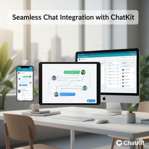 A sleek, modern workspace showcasing seamless chat integration with ChatKit on multiple devices, including a smartphone, tablet, and desktop computer. The interface features a streamlined chat window with connected conversations and a user-friendly design."