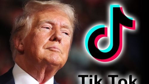 Trump next to glowing TikTok logo with serious expression.