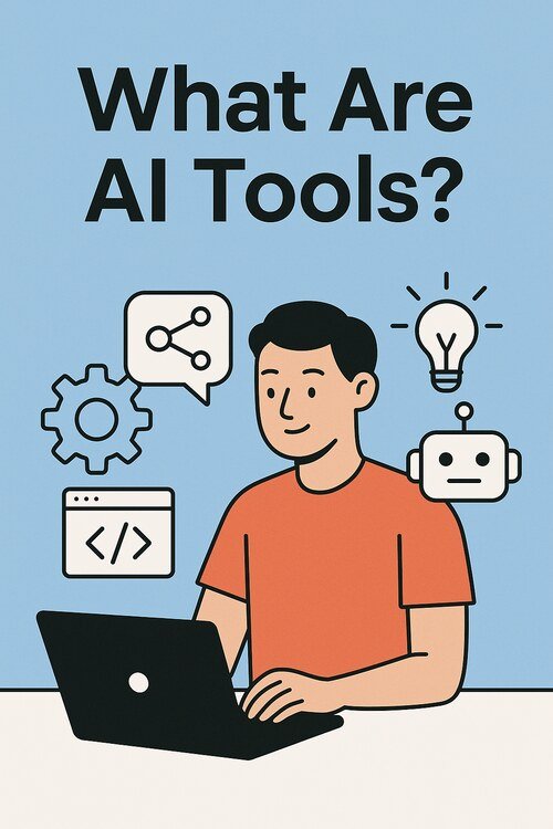 A man in an orange shirt works on a laptop, surrounded by icons representing AI tools, including a gear, coding window, robot face, lightbulb, and a network node diagram.