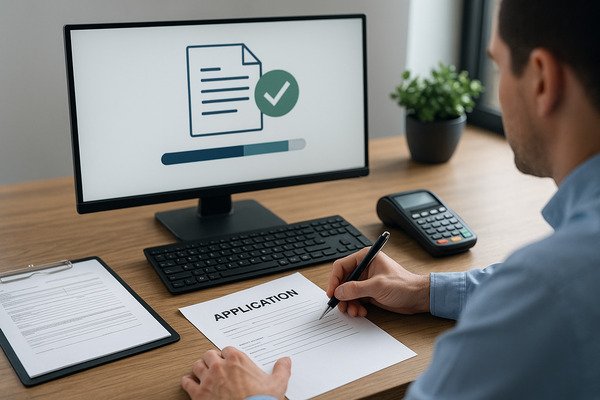 A man filling out an application form at a desk with a computer, documents, and a payment terminal.