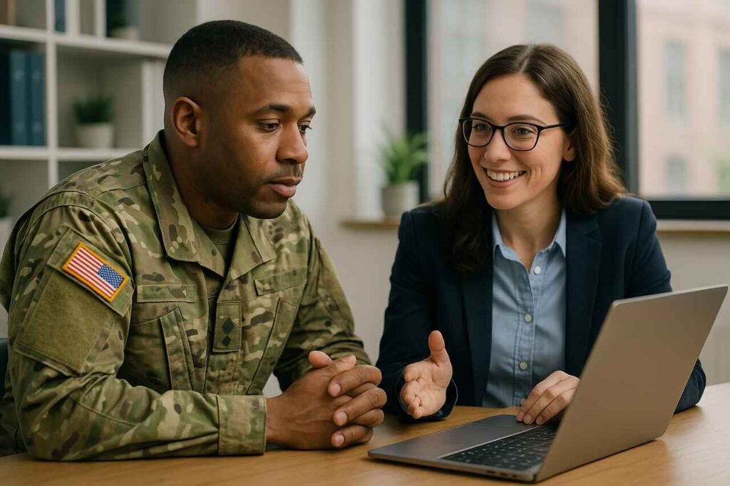 Veteran receiving career support using AI tools.