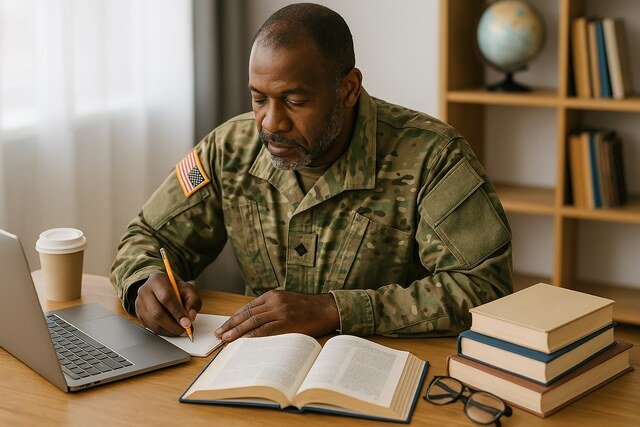 Veteran studying with laptop and books at a desk.