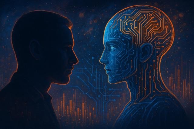 Human and AI robot face each other with a digital city background.